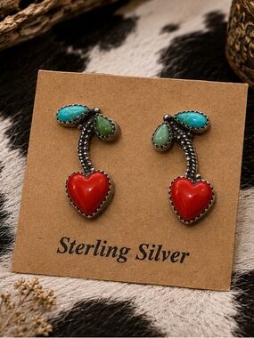 🍒 Sterling Silver Mojave Turquoise Stud Earrings 🌵 In the Shape of 🍒